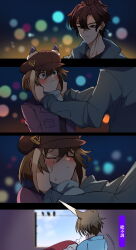  1girl absurdres animal_ears blue_eyes blush breasts brown_hair cheval_grand_(umamusume) ear_covers ears_through_headwear hair_between_eyes hat hat_belt highres horse_ears horse_girl multicolored_hair nottoai_(user_emeu8775) peaked_cap single_ear_cover streaked_hair trainer_(umamusume) umamusume white_hair 