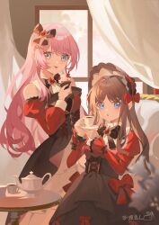  2girls bang_dream! bang_dream!_it&#039;s_mygo!!!!! black_bonnet black_bow black_skirt blue_eyes bonnet bow brown_hair chihaya_anon chinese_commentary clothing_cutout commentary_request cup curtains grey_eyes hair_bow highres holding holding_cup juliet_sleeves long_hair long_sleeves multiple_girls nagasaki_soyo open_mouth pink_hair puffy_sleeves red_shirt shirt shoulder_cutout sidelocks skirt tongue tongue_out yinranluo 