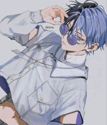  1boy adjusting_eyewear aoyagi_touya bespectacled blue_eyes blue_hair breast_pocket buckle buttons collared_shirt dutch_angle fingernails glasses grey_background hand_up hashtag-only_commentary highres jewelry long_sleeves looking_at_viewer male_focus midriff mole mole_under_eye multicolored_hair navel necklace parted_lips pocket project_sekai round_eyewear shirt short_hair simple_background snap-fit_buckle solo sorase_(so17p) split-color_hair twitter_username two-tone_hair upper_body watermark 