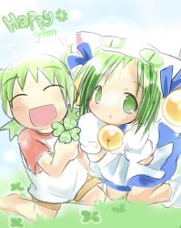  2000s_(style) 2girls :o animal_hat bell blue_dress brown_shorts canihavepromo cat_girl cat_hat closed_eyes clover crossover day dejiko di_gi_charat dress english female gloves grass green_eyes green_hair highres holding holding_clover holding_plant koiwai_yotsuba leg_warmers open_mouth pale_skin plant red_sleeves shirt short_hair short_sleeves shorts t-shirt white_gloves white_leg_warmers white_legwear white_shirt yotsubato! 