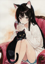  1girl absurdres animal_ears armchair ayane_(ayaneiroaya) black_cat black_hair blue_shorts cat cat_ears cat_girl cat_tail chair cup denim denim_shorts extra_ears highres holding holding_cup hot_chocolate knit_sweater long_hair long_sleeves looking_at_viewer mug original painting_(medium) short_shorts shorts simple_background sitting steam sweater tail traditional_media watercolor_(medium) white_sweater 