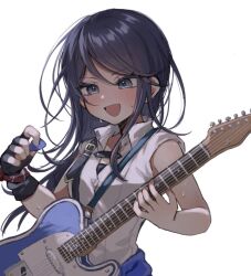  1girl :d black_hair blue_eyes blush collared_shirt commentary dot_nose electric_guitar fender_telecaster fingerless_gloves gloves guitar highres holding holding_plectrum hoshino_ichika_(project_sekai) instrument long_hair mu_ri003 plectrum project_sekai shirt simple_background sleeveless smile solo sweat white_background 