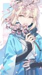  1girl armor black_scarf blonde_hair blue_sky blurry blurry_background border branch cherry_blossoms covered_mouth fate/grand_order fate_(series) floating_hair flower flower_over_mouth grey_eyes hakama half-closed_eyes hand_on_own_stomach hand_up haori highres holding holding_branch japanese_armor japanese_clothes kimono kote kurokote looking_away looking_to_the_side nonono_(nononotea) okita_souji_(fate) okita_souji_(koha-ace) outside_border ponytail scarf shadow shinsengumi short_hair shoulder_strap sideways_glance sky solo upper_body white_border white_kimono 