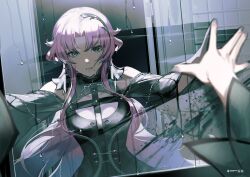  1girl bema_(sinsekai) bokyo character_name commentary_request condensation copyright_name earrings flower_earrings grey_eyes hair_ornament hand_on_mirror indoors jewelry kamitsubaki_studio long_hair looking_at_mirror looking_at_viewer mirror official_art parted_bangs parted_lips pink_hair reflection reflection_focus second-party_source sinsekai_record solo upper_body virtual_youtuber water_drop window_fog 