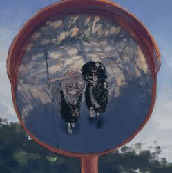  2girls arm_up bag black_eyes black_hair black_hat black_jacket black_shoes black_skirt black_vest blue_sky bright_pupils cellphone closed_mouth collared_shirt covering_face dappled_sunlight glasses grey_eyes grey_hair grey_socks hair_between_eyes hand_up hat highres holding holding_bag holding_phone hood hood_down hooded_jacket jacket long_sleeves looking_at_mirror looking_at_self looking_at_viewer looking_up medium_hair mirror mirror_selfie mitikage7 multiple_girls neck_ribbon newsboy_cap open_collar original outdoors phone phone_over_face red_ribbon reflection reflection_focus ribbon road selfie semi-rimless_eyewear shirt shoes skirt sky sleeves_rolled_up smartphone sneakers socks standing sunlight traffic_mirror under-rim_eyewear untucked_shirt v vest white_bag white_pupils white_shirt white_shoes wide_shot 