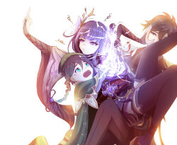  1girl 2boys absurdres anger_vein annoyed arm_up black_thighhighs blue_pupils blunt_bangs braid bridal_gauntlets brown_eyes brown_gloves brown_hair brown_jacket brown_pants brown_suit capelet carrying carrying_person chinese_commentary closed_mouth electricity eyeliner flower flower_ornament friends genshin_impact glaring gloves glowing gradient_hair green_capelet green_eyes green_hair green_hat grey_hair hair_between_eyes hair_ornament hand_on_another's_face hat highres human_scabbard jacket japanese_clothes kimono late-yesterday leaning_on_person leaning_to_the_side long_braid long_hair long_sleeves low_ponytail makeup middle_finger mitsudomoe_(shape) mole mole_under_eye multicolored_eyes multicolored_hair multiple_boys musou_isshin_(genshin_impact) neck_ribbon off_shoulder open_mouth pants ponytail purple_flower purple_hair purple_kimono purple_nails pushing_away raiden_shogun red_eyeliner red_ribbon red_sash ribbon sash shade shaded_face short_hair side_braids single_braid sleeves_rolled_up squiggle standing suit sweatdrop thick_thighs thigh-highs thighs tomoe_(symbol) trembling venti_(genshin_impact) violet_eyes white_background worried zhongli_(genshin_impact) 