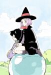  1boy 1girl aged_down baba_(dragon_ball) black_cape black_hair black_headwear boots cape closed_mouth clouds commentary_request cupping_hands day dragon_ball grass green_eyes grey_footwear hat looking_to_the_side outdoors own_hands_together purple_hair short_hair sitting sky suiyou_kyoudai witch_hat 