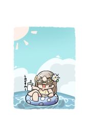  1girl :d bare_arms bare_shoulders barefoot bikini blue_sky brown-tinted_eyewear brown_bikini brown_hair chibi clouds cup flower gakuen_idolmaster hair_flower hair_ornament holding holding_cup idolmaster innertube kawamochi_(kawauti919) kuramoto_china long_hair parted_bangs sky smile solo star-shaped_eyewear star_(symbol) sun_symbol sunglasses swim_ring swimsuit thick_eyebrows tinted_eyewear translation_request v-shaped_eyebrows water white_flower yellow-framed_eyewear 