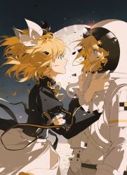  2girls absurdres black_ribbon black_shirt blonde_hair blue_eyes broken_helmet chongzhen_085 debris detached_sleeves dual_persona face-to-face floating_hair from_side hair_ornament hair_ribbon hairclip highres kagamine_rin kagamine_rin_(roshin_yuukai/hard_rkmix) machinery multiple_girls nuclear_reactor on_moon open_mouth puffy_short_sleeves puffy_sleeves ribbon roshin_yuukai_(vocaloid) shirt short_hair short_sleeves skirt space spacesuit surprised upper_body vocaloid white_ribbon white_skirt wide-eyed 
