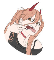  1girl black_shirt chainsaw_man choker dassill1103 demon_girl demon_horns finger_in_own_mouth highres horns long_hair mouth_pull open_mouth orange_hair power_(chainsaw_man) red_choker red_horns sharp_teeth shirt simple_background solo teeth tongue tongue_out twintails white_background yellow_eyes 