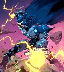  1boy absurdres armor blue_cape blue_hood cape debris doctor_doom doom_2099 dynamic_pose electricity energy energy_ball fantastic_four full_armor highres hood hooded_cape leo_chiola lightning male_focus marvel marvel_snap mask mecha official_art power_armor robot rock solo superhero_costume 