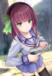  >:) 1girl absurdres angel_beats! black_hairband black_thighhighs blue_skirt blunt_bangs bow closed_mouth commentary day eyelashes eyes_visible_through_hair fighting_stance fingernails green_bow green_eyes gun hair_bow hairband handgun highres holding holding_gun holding_weapon index_finger_raised long_sleeves looking_at_viewer medium_hair miniskirt nakamura_yuri neckerchief outdoors pink_neckerchief pleated_skirt purple_hair rrtp shinda_sekai_sensen_uniform shirt skirt smile solo split_mouth straight_hair thigh-highs tsurime v-shaped_eyebrows weapon white_shirt zettai_ryouiki 