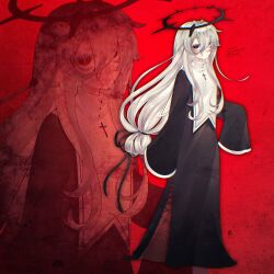 1girl black_dress black_ribbon bright_pupils buttons chromatic_aberration closed_mouth colored_eyelashes cross dress expressionless gekiyaku hair_between_eyes hair_ribbon halo highres jitome long_hair long_sleeves looking_at_viewer low-tied_long_hair red_background red_eyes ribbon signature sleeves_past_fingers sleeves_past_wrists solo treebarkagain utau very_long_hair very_long_sleeves white_hair white_pupils zoom_layer 