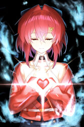  1girl absurdres ange_katrina ange_katrina_(2nd_costume) armpit_crease black_background black_bow black_skirt bow closed_eyes closed_mouth collarbone collared_shirt commentary_request crossed_bangs glowing gold_necklace hair_between_eyes hair_bow hair_ornament halter_shirt halterneck hands_on_own_chest hands_up heart high-waist_skirt highres jacket jewelry long_bangs long_sleeves medium_hair necklace nijisanji own_hands_together red_hair red_jacket shirt single_bare_shoulder single_off_shoulder skirt sleeveless sleeveless_shirt smile solo straight-on triangle_hair_ornament upper_body viet_(yomi0556) virtual_youtuber white_shirt 