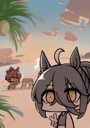  2girls :> agnes_tachyon_(umamusume) ahoge animal_ears bare_arms bare_legs bare_shoulders barefoot beach bikini black_bikini black_hair blue_sky brown_eyes brown_hair bucket chibi closed_eyes clouds coconut coconut_tree commentary_request hair_between_eyes hair_bun highres horizon horse_ears horse_girl horse_tail kawamochi_(kawauti919) manhattan_cafe_(umamusume) multicolored_hair multiple_girls ocean outdoors palm_tree parted_lips sand sand_sculpture sky squatting starfish sunset swimsuit tail tree triangle_mouth two-tone_hair umamusume v water white_bikini white_hair 