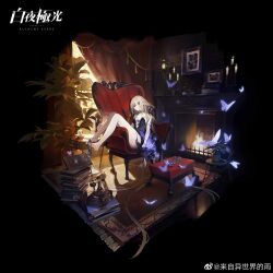  1girl absurdres alchemy_stars alternate_costume ame_jang antique_phone areia_(alchemy_stars) areia_(night_to_remember)_(alchemy_stars) arm_at_side arm_tattoo armchair bare_legs bare_shoulders barefoot black_background black_choker black_dress black_gloves blonde_hair book book_stack breasts brown_eyes bug butterfly butterfly_choker butterfly_earrings candelabra candle candlestand carpet chair chinese_commentary choker copyright_name cordless_phone curtains cushion dress dress_flower earrings extreme_dangling fireplace flower footstool framed_insect full_body glass_slipper gloves half_gloves hand_on_own_stomach high_heels highres indoors jewelry lamp light_particles long_hair looking_at_viewer low-tied_long_hair official_art parted_lips pendant_choker phone picture_frame plant plunging_neckline potted_plant purple_butterfly purple_flower rotary_phone shoe_dangle shoes short_dress sideways_glance simple_background single_glove single_shoe sitting_sideways small_breasts solo strapless strapless_dress sunlight sweatdrop tassel tattoo unworn_shoes very_long_hair watermark weibo_watermark window 