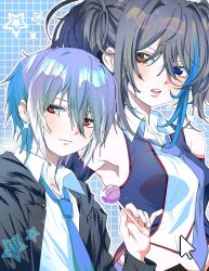  1boy 1girl babylonholic bare_shoulders black_hair black_jacket blue_background blue_eyes blue_hair blue_necktie candy collared_shirt cursor detached_sleeves ear_piercing food frown grid_background heterochromia highres holding holding_candy holding_food holding_lollipop jacket lollipop looking_at_viewer matsudappoiyo multicolored_hair necktie outline parted_lips piercing red_eyes shirt short_hair short_twintails sleeveless streaked_hair twintails upper_body utau white_outline white_shirt yokune_ruko 