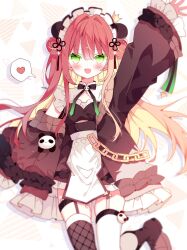  1girl blonde_hair blush chain colored_inner_hair double_bun dress fang garter_straps green_eyes hair_bun heart highres jacket long_hair looking_at_viewer maid_headdress multicolored_hair open_mouth original panda red_hair smile solo spoken_heart suisei_1121 thigh-highs virtual_youtuber 