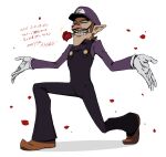  1boy big_nose brown_footwear brown_hair chin closed_eyes commentary_request facial_hair flower_in_mouth hat long_sleeves male_focus mustache overalls petals shigeshiro_hideto short_hair simple_background solo super_mario_bros. waluigi white_background 