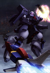  1boy absurdres aeug artist_request battle beam_cannon burning cable canopy_(aircraft) clouds cloudy_sky core_fighter damaged explosion fire flying freefall gundam gundam_perfect_file gundam_zz highres judau_ashta machinery magazine_scan mecha mecha_pilot_suit mobile_suit neo_zeon o&#039;neill_cylinder one-eyed pilot pink_eyes radio_antenna realistic robot scan scene_reference science_fiction shield sky spacecraft starfighter thrusters when_you_see_it zaku_iii zaku_iii_rakan_dahkaran_custom zz_gundam 