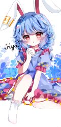  absurdres animal_ears blue_dress blue_hair blush dress floral_background food frills highres holding mochi nya_(pixiv_100585577) pastel_colors rabbit_ears red_eyes ribbon seiran_(touhou) short_hair sitting smile socks solo touhou white_background 