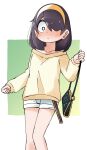  1girl absurdres bag bare_legs black_bag black_hair blush casual clenched_hands closed_mouth collarbone embarrassed feet_out_of_frame full-face_blush gradient_background green_background hair_behind_ear hair_over_one_eye hairband hand_up handbag highres holding holding_bag jijou_wo_shiranai_tenkousei_ga_guigui_kuru. kawamura_taku long_bangs long_sleeves looking_at_viewer looking_down nishimura_akane official_art one_eye_covered outside_border puffy_long_sleeves puffy_sleeves sanpaku short_hair short_shorts shorts sleeves_past_wrists solo standing sweater two-tone_background white_background white_eyes white_shorts yellow_hairband yellow_sweater 