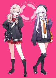  2girls arm_behind_back bag beret black_hat black_shoes black_skirt black_socks black_thighhighs bow bowtie braid brown_hair closed_mouth collared_shirt danganronpa:_trigger_happy_havoc danganronpa_(series) deadnooodles enoshima_junko expressionless footwear_bow full_body hand_up hat highres kirigiri_kyoko kneehighs long_hair long_sleeves looking_at_another low_twintails multiple_girls necktie orange_necktie over-kneehighs pink_background purple_hair red_bow red_bowtie red_skirt school_bag school_uniform shirt shoes simple_background skirt smile socks standing thigh-highs twintails white_shirt 