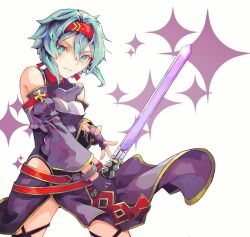  1girl armor bare_shoulders belt blue_eyes blue_hair boots breastplate breasts closed_mouth commentary_request cosplay cowboy_shot detached_sleeves double-parted_bangs etain_(e_t_a_i_n) fingerless_gloves gloves groin hair_between_eyes hands_up headband highleg highleg_leotard holding holding_sword holding_weapon leotard light_smile long_sleeves medium_breasts medium_hair purple_armor purple_boots purple_gloves purple_leotard purple_sarong purple_sleeves red_belt red_headband red_sarong sarong simple_background sinon skindentation solo sparkle sword sword_art_online thigh_boots two-tone_sarong v-shaped_eyebrows weapon white_background yellow_trim yuuki_(sao) yuuki_(sao)_(cosplay) 