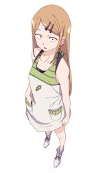  1girl apron arm_at_side bare_arms bare_shoulders blonde_hair bluearcadegames collarbone dagashi_kashi ear_piercing earrings endou_saya from_above full_body green_apron hair_ornament hairclip hand_in_pocket highres hoop_earrings jewelry long_hair open_mouth parted_bangs perspective piercing sanpaku shoes small_pupils solo standing white_apron white_shoes 