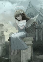  1girl absurdres angel angel_wings bare_shoulders barefoot building celtic_cross christianity church closed_eyes closed_mouth clouds collarbone commentary cross cross_bottony double-parted_bangs dress english_commentary falling_leaves floating_hair flower frilled_dress frills full_body graveyard hair_flower hair_intakes hair_ornament halo hands_up highres kkamkkam latin_cross leaf long_dress long_hair off-shoulder_dress off_shoulder original outdoors overcast own_hands_together praying short_sleeves sidelocks sitting sitting_on_tombstone sky spread_wings tombstone traditional_halo white_dress white_flower white_wings wind wings 