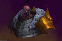  1boy absurdres armor artist_name artstation_logo artstation_username beard black_beard black_hair breastplate claws commentary dou english_commentary facial_hair gold_armor high_ponytail highres instagram_logo instagram_username jaghatai_khan japanese_armor long_hair looking_at_viewer patreon_logo patreon_username pauldrons pelt ponytail potoq power_armor primarch roman_numeral shoulder_armor simple_background solo tiger_pelt topknot violet_eyes warhammer_40k white_eyes white_scars 