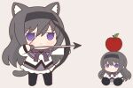  2girls :&lt; akemi_homura animal_ears apple arrow_(projectile) black_hair black_pantyhose blush bow_(weapon) cat_ears cat_girl cat_tail chibi closed_mouth food fruit hairband holding holding_arrow holding_bow_(weapon) holding_weapon long_hair long_sleeves looking_at_another mahou_shoujo_madoka_magica multiple_girls pantyhose tail violet_eyes weapon william_tell_(legend) yuno385 