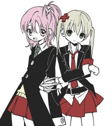  2girls armband belt black_belt black_coat black_jacket blonde_hair brown_eyes coat collared_shirt cosplay cross_hair_ornament crossed_arms crossover fifty0eight green_eyes green_necktie hair_ornament highres hinamori_amu hinamori_amu_(cosplay) jacket looking_at_viewer maka_albarn maka_albarn_(cosplay) medium_hair miniskirt multiple_girls necktie one_side_up pink_hair pleated_skirt red_armband red_necktie red_skirt shirt shugo_chara! simple_background skirt skull_hair_ornament smile soul_eater twintails white_background 
