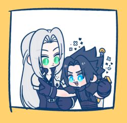  105zz 2boys armor belt black_coat black_gloves black_hair blue_eyes brown_belt chest_strap chibi chibi_only clenched_hand coat crisis_core_final_fantasy_vii final_fantasy final_fantasy_vii furrowed_brow gloves green_eyes grey_hair long_hair looking_at_another male_focus multiple_boys open_mouth parted_bangs pauldrons pointing sephiroth short_hair shoulder_armor sleeveless sleeveless_turtleneck slit_pupils smile suspenders sword sword_on_back turtleneck upper_body weapon weapon_on_back white_background yellow_background zack_fair 