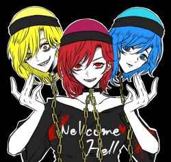  1girl black_background black_shirt blonde_hair blue_eyes blue_hair chain choker collarbone ear_piercing grin hecatia_lapislazuli hecatia_lapislazuli_(earth) hecatia_lapislazuli_(moon) looking_at_viewer medium_hair multiple_persona nap_muntarou off-shoulder_shirt off_shoulder parted_lips piercing red_eyes red_hair sharp_teeth shirt short_sleeves smile t-shirt teeth touhou upper_body yellow_eyes 