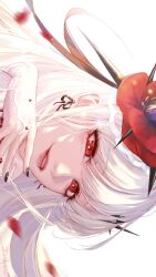  1girl absurdres black_nails blurry blurry_foreground bridal_gauntlets chinese_commentary collar commentary coquelic_(path_to_nowhere) falling_petals fascinator flower frilled_collar frills glitter_makeup hand_up heibai_bangbing highres long_hair looking_at_viewer nail_polish parted_lips path_to_nowhere petals poppy_(flower) portrait red_eyes red_flower ribbon_earrings signature simple_background smile solo straight_hair teardrop_facial_mark thorns white_background white_hair 