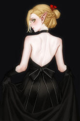  1girl absurdres ai-assisted back bare_back black_background black_dress blonde_hair blush dress dungeon_meshi elf green_eyes highres long_hair looking_at_viewer makeup marcille_donato pointy_ears simple_background solo yorelle_ml 