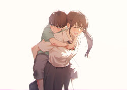  1boy 1girl absurdres age_difference blush brown_hair capri_pants carrying chromatic_aberration collared_shirt commentary_request green_shirt grey_pants grey_skirt hetero highres injury looking_to_the_side macaronk original pants piggyback scrape shirt short_sleeves skirt t-shirt tearing_up tears white_shirt 