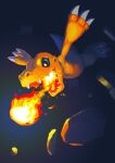  agumon breathing_fire digimon digimon_(creature) fire fireball jumping no_humans open_mouth rock rubble simple_background sin-nos 