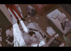  2boys ace_attorney bag book coffee commentary couch crumpled_paper cup desk doorway highres holding holding_bag indoors letterboxed male_focus miles_edgeworth mug multiple_boys pants paper phoenix_wright red_pants retortbox shadow shirt short_hair sleeping sleeping_on_desk table trash_can white_shirt 