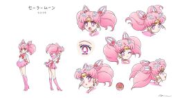  1girl back_bow bishoujo_senshi_sailor_moon boots bow bowtie chibi_usa commentary crescent crescent_earrings earrings english_commentary full_body gloves high_heel_boots high_heels highres jewelry looking_at_viewer multiple_views one_eye_closed pink_boots pink_eyes pink_hair pink_skirt red_bow red_bowtie reference_sheet sailor_senshi sailor_senshi_uniform sidney_deng signature simple_background skirt twintails upper_body white_background white_gloves 