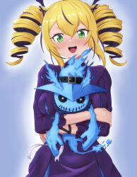  1girl blonde_hair blue_background blush breasts carrying cowboy_shot digimon digimon_(creature) digimon_card_game digimon_liberator dress drill_hair ghostmon highres large_breasts multicolored_hair omeka_gamma purple_dress purple_hair simple_background streaked_hair twin_drills two-tone_hair violet_inboots 