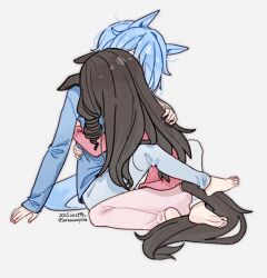  2girls animal_ears arms_around_waist asymmetrical_bangs barefoot black_hair blue_hair blue_pants blue_shirt commentary_request covered_face crossed_ankles daiichi_ruby_(umamusume) dated feet from_behind full_body grey_background highres horse_ears horse_girl horse_tail hug k.s.miracle_(umamusume) kneeling leg_lock long_hair long_sleeves messy_hair multiple_girls pajamas pants pink_pants red_shirt ringlets saramiao-chan shirt short_hair simple_background tail toes twitter_username umamusume very_long_hair yuri 