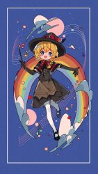  1girl :d apron artist_request black_capelet black_gloves black_hat black_shoes black_skirt black_vest blonde_hair blue_background blue_eyes bow bowtie braid brown_apron capelet clouds commission conductor_baton cookie_(touhou) elbow_gloves full_body gloves hair_bow hat hat_bow highres kirisame_marisa looking_at_viewer mary_janes meguru_(cookie) musical_staff open_mouth pantyhose purple_bow rainbow red_bow red_bowtie second-party_source shoes short_hair side_braid single_braid skirt smile solo touhou vest waist_apron white_pantyhose witch_hat 