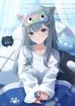  1girl absurdres animal_ears black_nails blanket blue_eyes cat_ears cat_girl cat_tail expressionless grey_hair highres indie_virtual_youtuber long_hair long_sleeves looking_at_viewer mask mask_on_head nachoneko parted_lips shinshia_(sinsia_0928) shirt sleep_mask sleeves_past_wrists tail under_covers virtual_youtuber white_shirt 