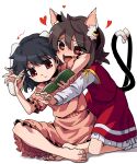  2girls animal_ears barefoot black_hair book bow bowtie brown_hair carrot_necklace cat_ears cat_tail chen dress fang floppy_ears frilled_sleeves frills hat heart heart-shaped_pupils heart_tail highres inaba_tewi jewelry kusiyan long_sleeves lovestruck medium_hair mob_cap multiple_girls multiple_tails necklace nekomata open_mouth pink_dress puffy_short_sleeves puffy_sleeves rabbit_ears rabbit_girl red_eyes red_skirt red_vest ribbon-trimmed_dress ribbon-trimmed_skirt ribbon_trim shirt short_hair short_sleeves skirt smile socks symbol-shaped_pupils tail touhou two_tails vest white_shirt yellow_bow yellow_bowtie 