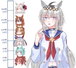  6+girls absurdres animal_ears b_lt belno_light_(umamusume) blue_eyes blue_hair blue_sailor_collar blush brown_eyes brown_hair closed_mouth commentary ear_covers english_commentary fang folkqueen_(umamusume) fujimasa_march_(umamusume) grey_hair hand_up heterochromia highres horse_ears horse_girl kiss_meter_(meme) long_hair meme midriff multicolored_hair multiple_girls neckerchief norn_ace_(umamusume) oguri_cap_(starlight_beat)_(umamusume) oguri_cap_(umamusume) parted_lips pointing pointing_at_self red_eyes red_neckerchief roots_(hair) sailor_collar shirt side_ponytail skin_fang smile symboli_rudolf_(umamusume) tamamo_cross_(umamusume) umamusume umamusume:_cinderella_gray violet_eyes white_hair white_shirt white_streaks yellow_eyes 