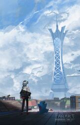  1boy asteroid_ill bird black_hair black_hat black_jacket black_pants clouds cloudy_sky fangs from_behind hat highres jacket long_sleeves lumiose_city on_rooftop open_mouth outdoors pants paxton_(pokemon) pidgey pokemon pokemon_(creature) pokemon_legends:_z-a prism_tower ralts rooftop shoes short_hair sky smile striped_hat 