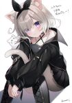  1girl alternate_costume alternate_hairstyle animal_ears artist_name blush boots breasts cat_ears cat_tail commentary_request grey_hair headband highres jacket jewelry looking_at_another medium_hair necklace neo-porte poncho_(31103105) simple_background small_breasts smile solo tail thigh-highs virtual_youtuber white_background yozuna_niu 