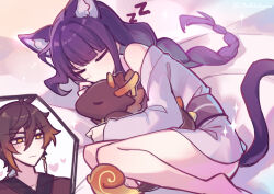  1boy 1girl absurdres alternate_costume animal_ear_fluff animal_ears bare_legs bare_shoulders barefoot blunt_bangs braid brown_hair c520gpss cat_ears cat_girl cat_tail character_doll closed_eyes closed_mouth couple curled_up doll earrings genshin_impact gradient_hair heart highres hugging_object indoors japanese_clothes jewelry kimono long_braid long_hair lying multicolored_hair off_shoulder on_bed on_side orange_eyes purple_hair purple_kimono raiden_shogun rex_lapis_(genshin_impact) sash single_braid single_earring sleeping sparkle spoken_character stuffed_toy tail thick_thighs thighs zhongli_(genshin_impact) zzz 